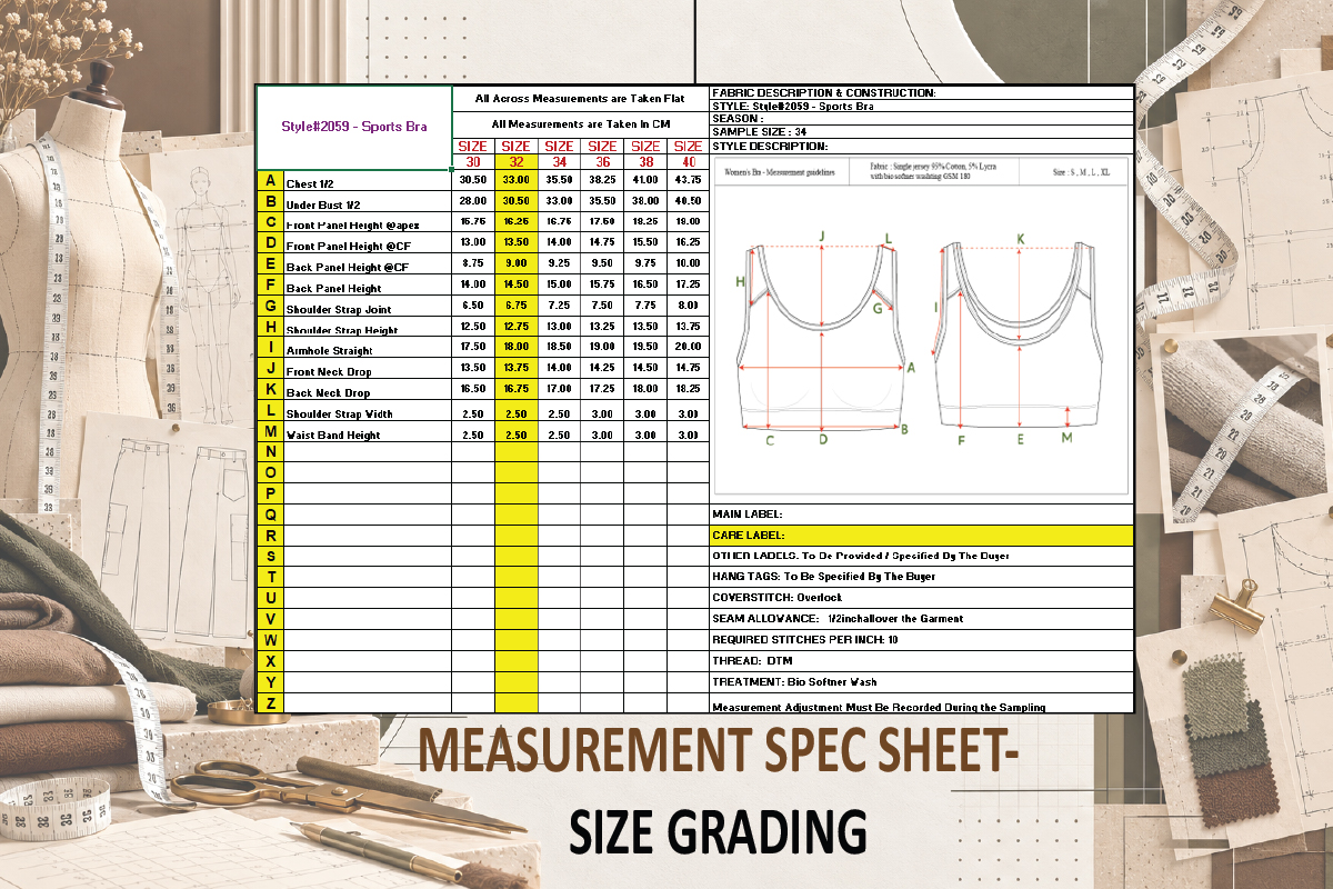 garment measurement spec sheet detailed size chart tech pack portfolio