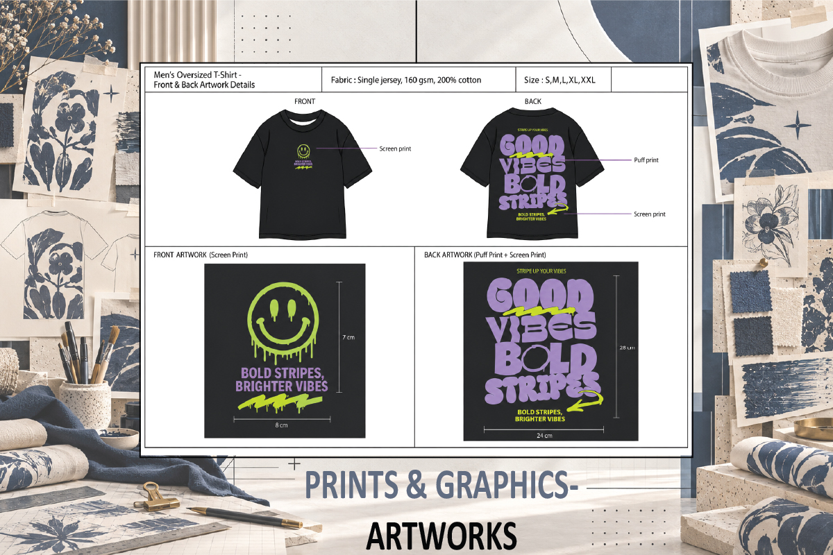 graphic and print detailing in tech-pack portfolio tech pack